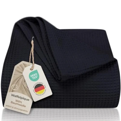 Imagen de LAYNENBURG Manta para sofá Verano 150 x 200 cm Waffle Pique 100% algodón cocha Ligera de como Cama, aireada (Negro)