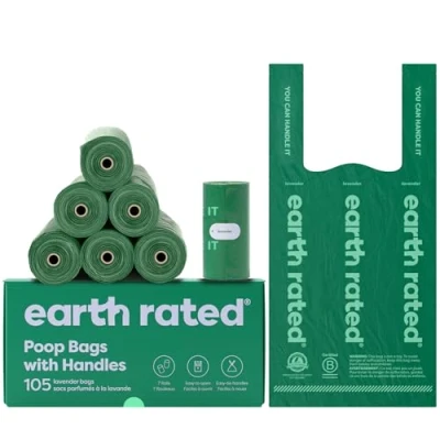 Imagen de Earth Rated Bolsas para excrementos de perro con asas amarre en rollos recambio, extra anchas, apertura fácil atar, garantizada a prueba fugas, aroma lavanda, 120 unidades