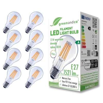 Imagen de greenandco 8x bombilla de filamento LED transparente regulable E27 A60 7,2W 1521lm sustituye A 100W 3000K blanco cálido 320 230V sin parpadeo clase energética