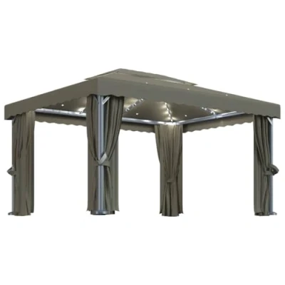 Imagen de vidaXL Cenador con Cortina y Tira de Luces Lateral Pérgola Jardín Patio Toldo Sombrilla Parasol Tienda Carpa Marquesina Aluminio Taupé 4x3 m