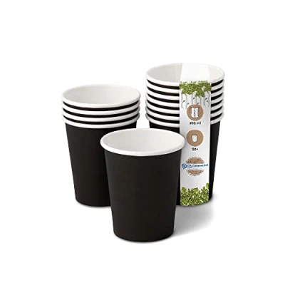 Imagen de GREENBOX vasos de cartón orgánico, desechables, papel, compostables y biodegradables, color negro, sin impresión, respetuosos con el medio ambiente, 50 unidades, 200 ml