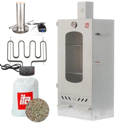 Imagen de ITA Ahumador Eléctrico 7012 Set de Smoker con Calefacción, Generador Humo Armario Ventana y Chimenea Acero Aleado Calidad UE, Directo del Fabricante 81 cm 3 Estantes