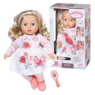 Imagen de Zapf Creation 709948 Baby Annabell Sophia Weiche Stoffpuppe mit Langen blonden Haaren, Rosa Puppenkleidung bestehend aus Kleid, Leggings, Schuhen, Haarband und Bürste.