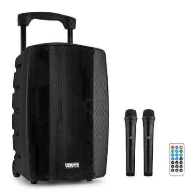 Imagen de Vonyx VSP200 altavoz autoamplificado 200 W, portatil con batería, 2 micrófonos inalámbricos, Bluetooth Radio FM, recargable, BT 5.0, USB, SD, reproductor MP3, potente