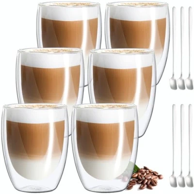 Imagen de MULEVIP Vasos Cafe Cristal Tazas de 6 x 350ml Vaso Doble Pared,Tazas Vidrio Borosilicato Trae Cucharas,Vasos Pared para Té,Café,Latte,Macchiato