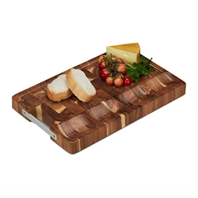 Imagen de Relaxdays Tabla de Cortar, Madera Acacia Maciza, Bandeja Picar Carne, 40 x 25 cm, Protege Cuchillos, Surco Goteo, Marrón