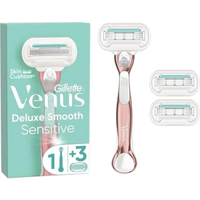 Imagen de Gillette Venus Lubrastrip Deluxe Smooth Sensitive Maquinilla de afeitar para mujer + 3 recambios hoja afeitar, con mango metal oro rosa, un toque aloe vera