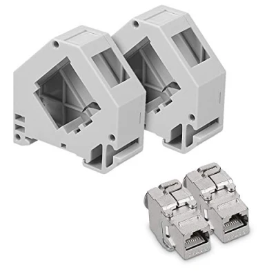 Imagen de kwmobile 2X Módulo Keystone para Cable CAT6A Conector RJ45 blindado con Soporte de raíl DIN Adaptador Carcasa Cables Red Ethernet