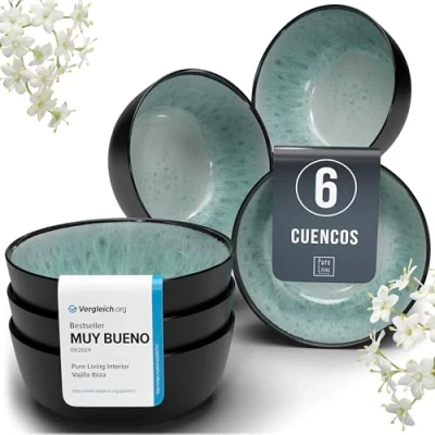 Imagen de Juego de 6 Cuencos para Muesli Ibiza en Gres Vajilla Completa Moderna Personas con Platos Pequeños Aptos Lavavajillas y Microondas Pure Living verde salvia
