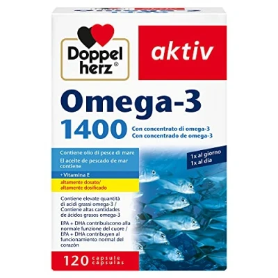 Imagen de Doppelherz aktiv Omega 3 1400 Complemento Alimenticio con Concentrado de (DHA y EPA) Vitamina E, Dosificado, Sin Gluten ni Lactosa, 120 Cápsulas