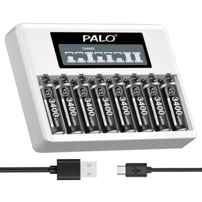 Imagen de Palogreen Pilas Recargables AA con Cargador LCD 8*AA 3400mWh Li Ion baterías 8 Ranuras Independientes Universal Carga Rápida Tipo C/Micro USB