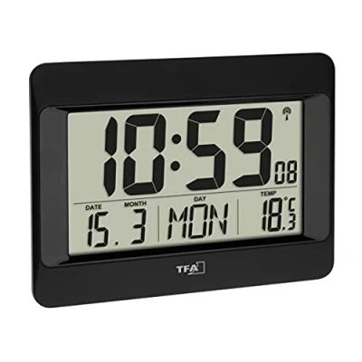 Imagen de TFA Dostmann Reloj de Pared Digital, 60.4519.01, Radio con Temperatura Interior, día la Semana (8 Idiomas), Fecha, Ajuste Zona horaria, Color Negro, plástico, 215 x 160 26 (68) mm