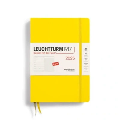 Imagen de LEUCHTTURM1917 370738 Agenda semanal y cuaderno 2025, tamaño mediano A5, tapa dura, planificador de 12 meses, a rayas, limón, inglés