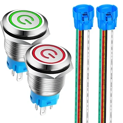 Imagen de Gebildet 2pcs 19mm Enclavamiento Pulsador de Botón Metálico, No Momentáneo Interruptores Acero Inoxidable Impermeable Plana Top ON/Off 12V 24V 5A con Enchufe Cable(LED Rojo + Verde)