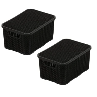 Imagen de BranQ Home Essential Cesta con tapa en diseño de ratán, juego 2 unidades, tamaño M, 10 L, sin bisfenol A, plástico PP, negro, 28,8 x 19,7 16,2 cm, unidades