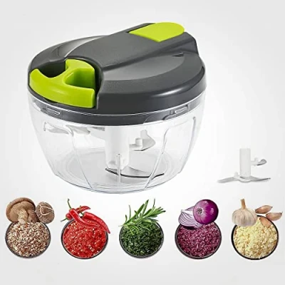 Imagen de FiveShops Trituradora manual con 3 cuchillas de acero inoxidable 520 ml, cuerda tracción para cortar verduras, frutas, cebollas, ajo, nueces, tomates, alimentos bebés, carne (gris)