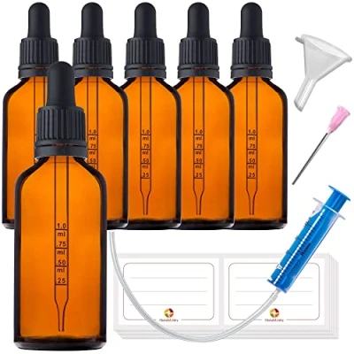 Imagen de HandsUnity 50ml 6 piezas Frasco de Pipeta Vidrio Juego Boticario Hecho Ámbar con tapa Negra que Incluye 17 Accesorios Botellas Marrón