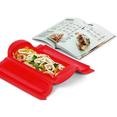 Imagen de Lékué Kit Estuche de vapor, 1,2 personas + libro recetas &quot;Guia Indispensable&quot; bandeja, silicona platino rojo, 600 ml