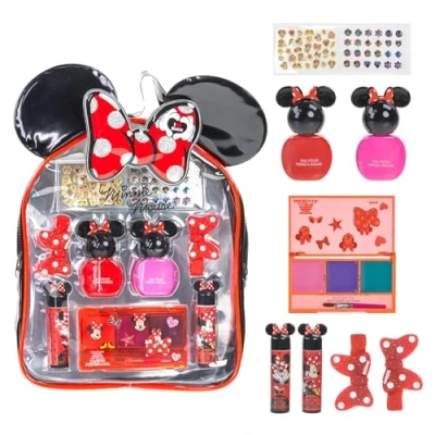 Imagen de Disney Minnie Mouse Townley Girl Juego de maquillaje cosmético para mochila que incluye brillo labios, esmalte uñas y accesorios el cabello niños niñas 3 años o más