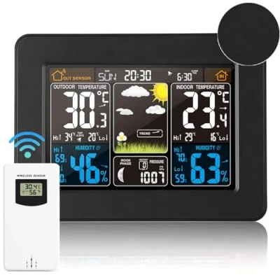 Imagen de Estación meteorológica Interior y Exterior con Sensor Inalámbrico al Aire Libre,color digital Termómetro alerta temperatura Humedad Barómetro Alarma Fase lunar