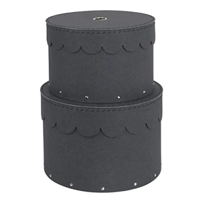 Imagen de Bigso Box of Sweden Juego de 2 Cajas redondas con tapa organizadoras para ropa, juguetes, etc. almacenaje decorativas tablero fibras y papel aspecto lino negro