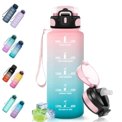 Imagen de Motswedi Botella Agua, 1500ml Sin BPA, Agua Gimnasio con Pajita, Reutilizable, de a Prueba Fugas, Cantimplora, para Gym, Escuela, Yoga, Camping, Rosa Verde