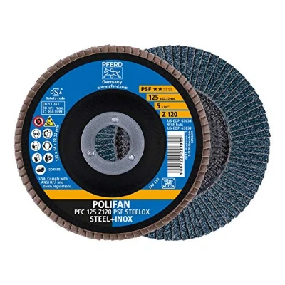 Imagen de PFERD Disco abanico Polifan, 5 unidades, diámetro 125 mm, Z 120, cónico, PSF Steelox 69398195 para acero y inoxidable (INOX)
