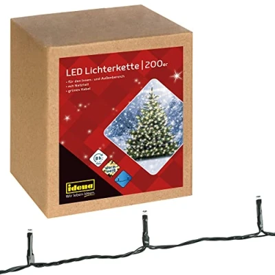 Imagen de Idena 31869 Luces LED de hadas con 200 en blanco cálido, función temporizador 8 horas y transformador, 29,9 m longitud, para uso interiores exteriores