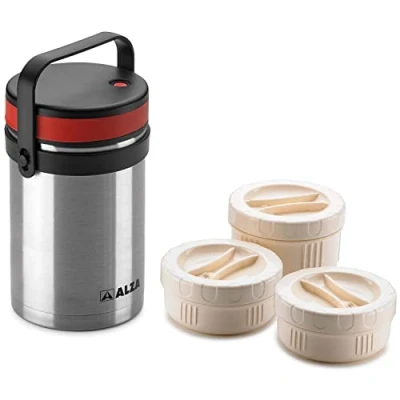 Imagen de Alza ® Lunch fiambrera, 1500 ml, lonchera termica, fabricada en acero inoxidable, recipiente para comidas, compartimentos extraibles, contiene recipientes individuales sellados, libre de BPA
