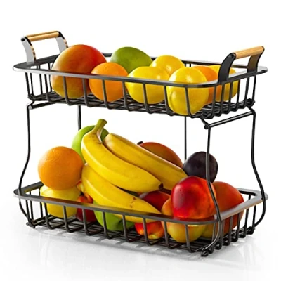 Imagen de TWBEST Cesta de frutas Metal 2 niveles,Fruteros cocina,Cestas para mostradores y organizadores,mantiene las verduras frescas