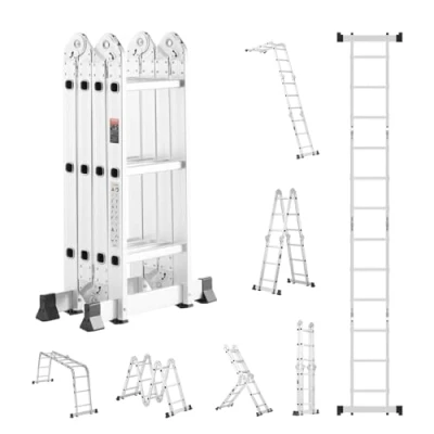 Imagen de VEVOR Escalera Plegable Multiusos, de Tijera Alta 7 en 1, 3 Escalones con Estructura A, 3,7 m Altura Alcance, Carga 149,7 kg para Trabajos Domésticos al Aire Libre, 1195 x 608 1685 mm