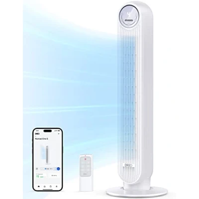 Imagen de Dreo ventilador de pie silencioso, torre con velocidad 7,6 m/s, 4 velocidades, rotación 90, temporizador 8 horas, pantalla LED y mando a distancia incluido. blanco. Alexa