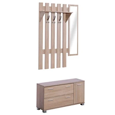 Imagen de HOMCOM 3 EN 1 Conjunto de Muebles Entrada Recibidor Pasillo Set Piezas Perchero Espejo Zapatero 2 Cajones Color Roble
