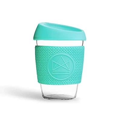 Imagen de Neon Kactus Vaso de cristal borosilicato soplado a mano, Taza café para llevar reutilizable con tapa silicona apta uso alimentario y funda térmica, viaje reciclable