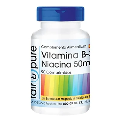 Imagen de Fair &amp; Pure® Vitamina B3 50mg Niacina en forma de Nicotinamida no ruborizante Vegana Alta pureza y sin aditivos 90 Comprimidos