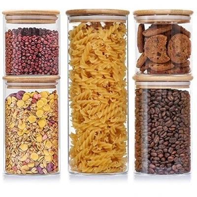 Imagen de JUVEL Tarros de Vidrio Almacenamiento 5Pcs Botes Cristal con Tapa Bambú&amp;Anillo Silicona Hermético Transparente Cocina Recipientes para Alimentos Almacenaje y Conservar