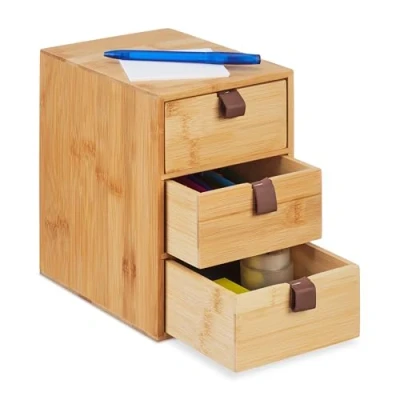 Imagen de Relaxdays Organizador de Escritorio, 3 Cajones, Bambú, 21 x 15 20 cm, Cajonera para Oficina y Despacho, Natural