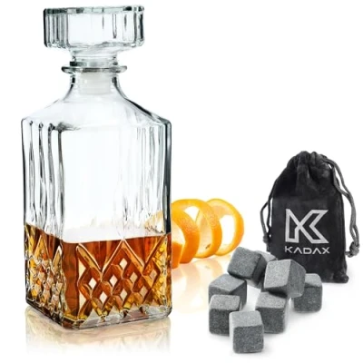 Imagen de KADAX decantador para bebidas, elegante jarra de whisky hombres, vino clásico con diseño único, botella como regalo (1 pieza + juego piedras frías)