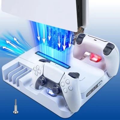 Imagen de Estación de Recarga Rápida del Consola PS 5 con Ventilador Enfriamiento, Cargador Compatible Mando Play 5, Soporte para Auriculares Gafas Cascos