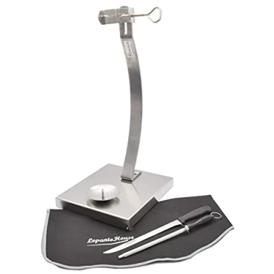 Imagen de Soporte jamonero Vertical Inoxidable vertial 50CM + Set Corte Cuchillo CHAIRA Cubre Jamon Negro LepantoHouse