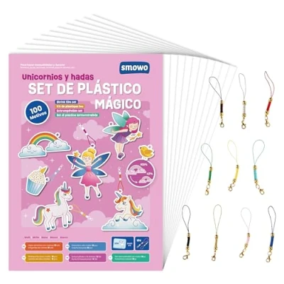 Imagen de Smowo® 10 Láminas de Plástico Mágico con Motivos Unicornio y Llaveros Juego Manualidades para Niñas Termocontraíble A4 100 Diseños