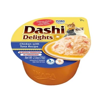 Imagen de INABA Dashi Delights Trozos en un Caldo de Copos Bonito con Pollo y atún Topping Alto Contenido proteínas Ingredientes Naturales Delicioso Saludable Comida para Gatos 1 x 70g