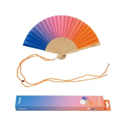 Imagen de Fisura Abanico original degradado rosa y azul. de madera moderno colorido. Ventilador mano mini rosa. Colgador incluido. Medidas: 34,5 cm x 23