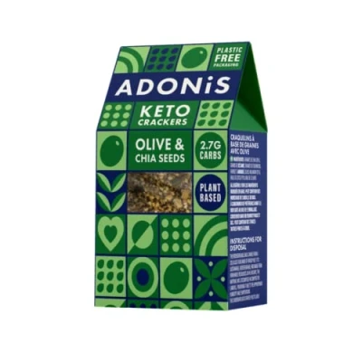 Imagen de Adonis Crackers Keto Aceitunas y Semillas de Chía (Paquete 10 x 60 g) Apto para Veganos Dieta 100% Natural Sin Gluten, Azúcar, Aceite Palma, Lácteos Bajo en Azúcar