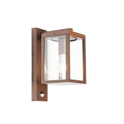 Imagen de Qazqa Industrial Farol de pared para exterior marrón óxido con sensor movimiento IP44 Charlois Aluminio/Vidrio Rectangular Adecuado LED Max. 1 x 40 Watt