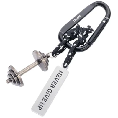 Imagen de TROIKA Llavero Fitness NEVER GIVE UP con mosquetón, 2 colgantes en cuerda de escalada decorativa: mancuernas y placa, aleación zinc, cromado, negro, plateado original, Negro/Plateado, 11,7 x 4,5