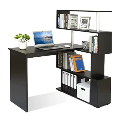 Imagen de Meerveil 0 Mesa Escritorio con Estanteria, Madera, Negro, 157 x 45 130,5 cm