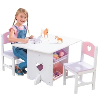 Imagen de KidKraft Juego Infantil de Mesa y 2 sillas Madera Corazón con Compartimentos Almacenamiento, Muebles para Salas Dormitorio niños (26913)