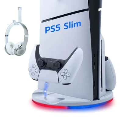 Imagen de Wigearss PS5 Slim Soporte Vertical con Luz Ambiental LED, Base de Carga para Controladores Dual y Auriculares, Compatible DE/UHD