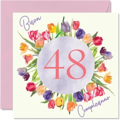 Imagen de Tarjeta de cumpleaños número 48 para mujer Ramo flores tulipanes acuarela Tarjetas feliz años, hija, hermana, tía, 145 mm, cuadragésimo octavo